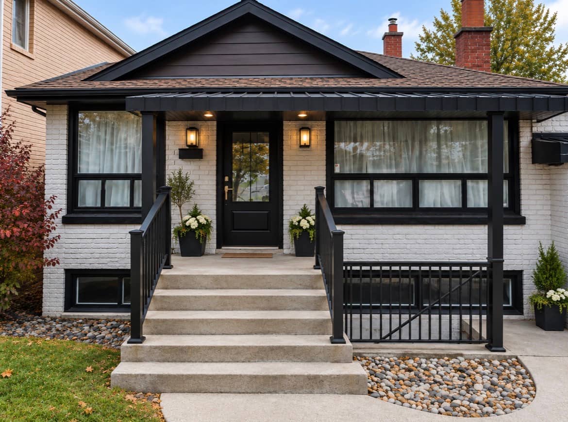 North York front steps with black aluminum picket railings after the update