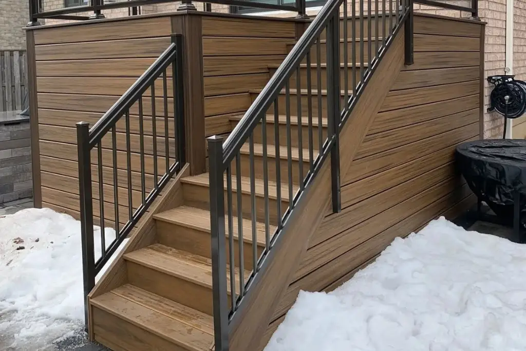 Black aluminum picket railing on a composite deck in Leslieville, Toronto