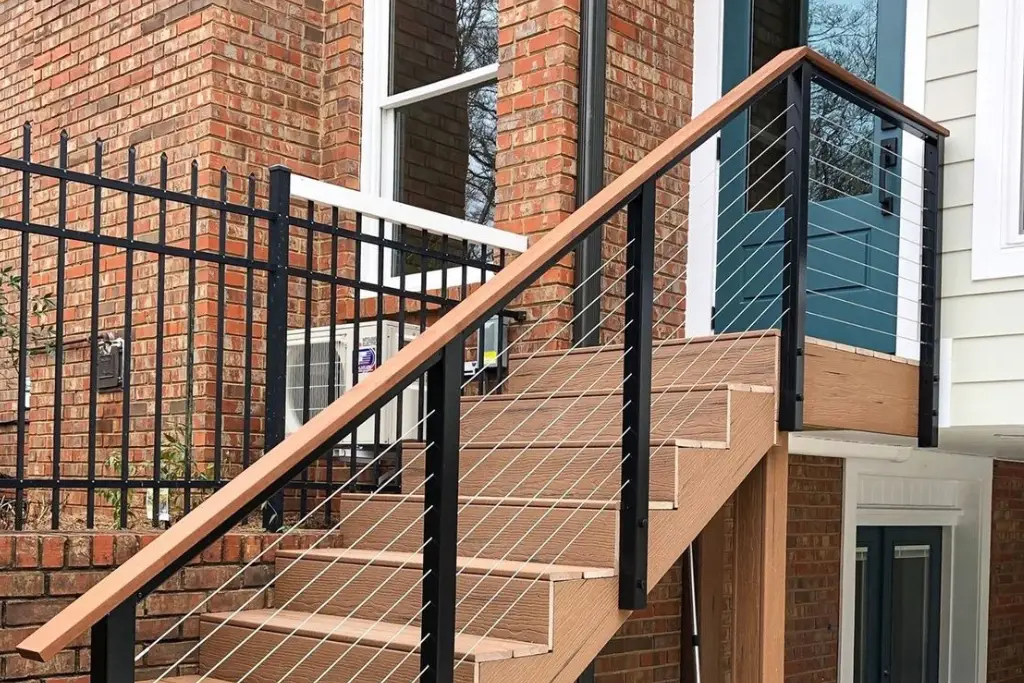 Black aluminum cable railing on composite porch steps